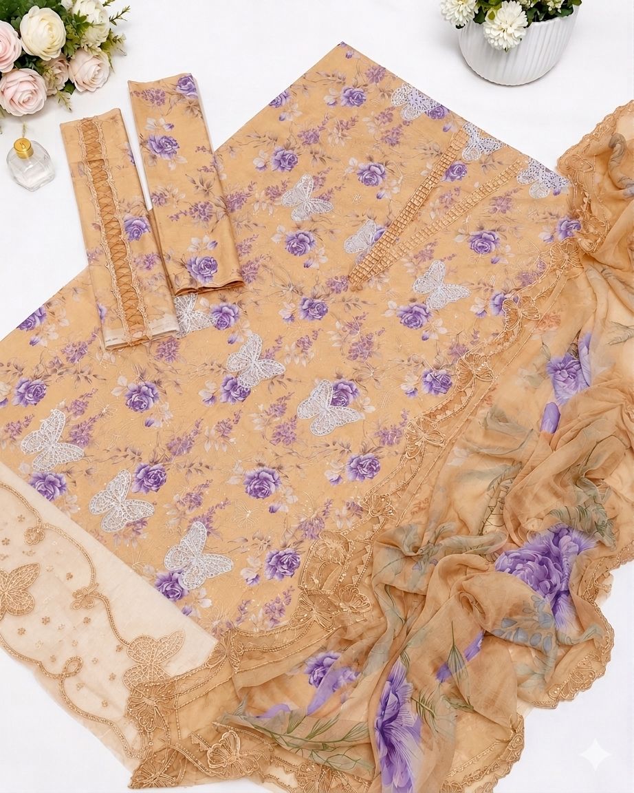 Golden Beige Floral Printed 3 Pcs Lawn Suit