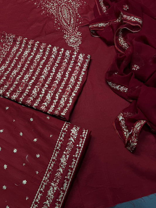 Maroon Heavy Embroidered 3 Pcs Formal Suit