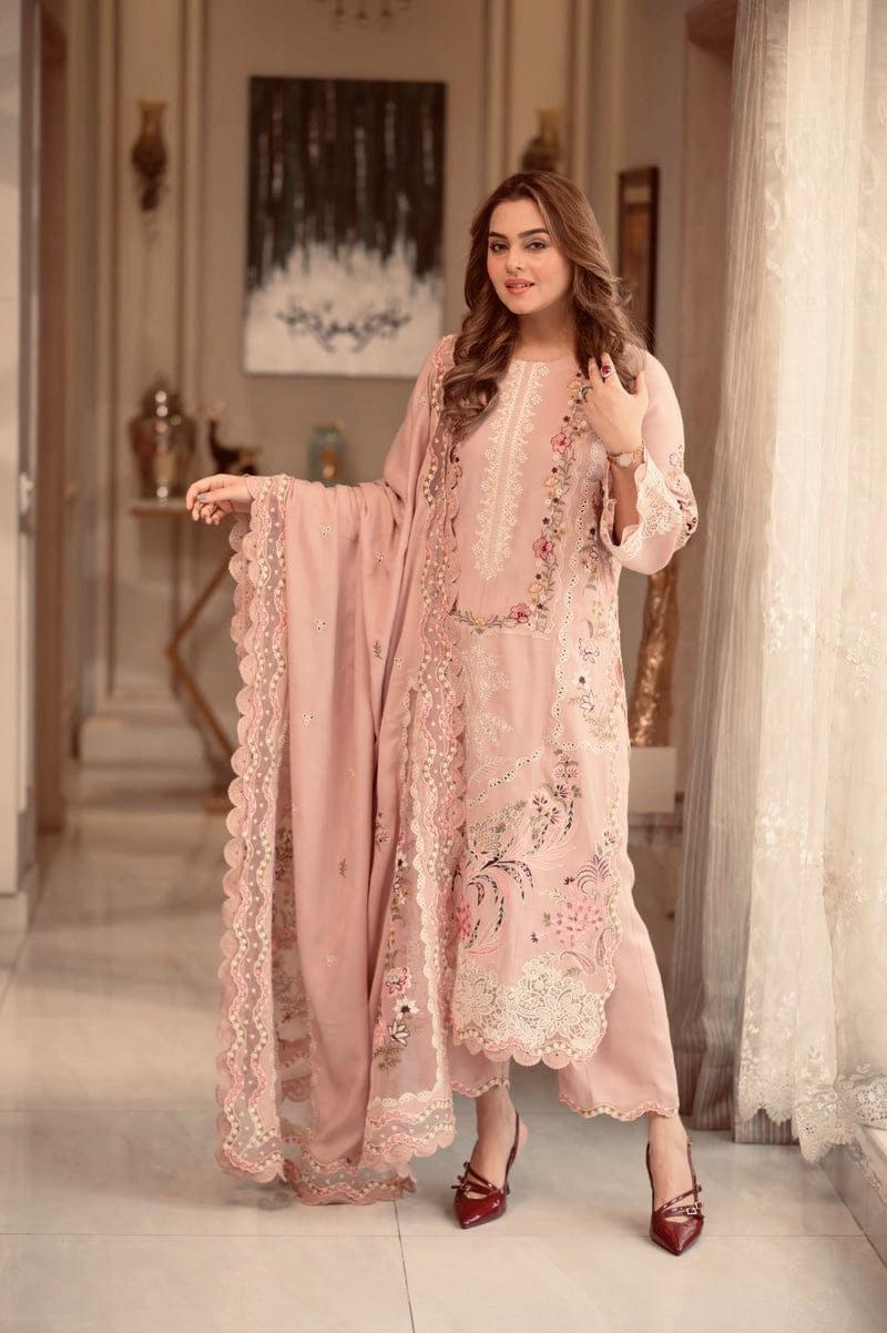 Blush Pink Embroidered 3Pc Suit with Floral Cutwork Dupatta