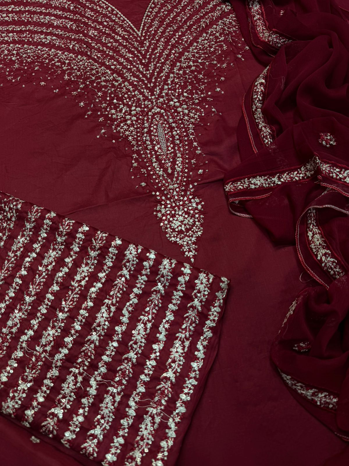 Maroon Heavy Embroidered 3 Pcs Formal Suit