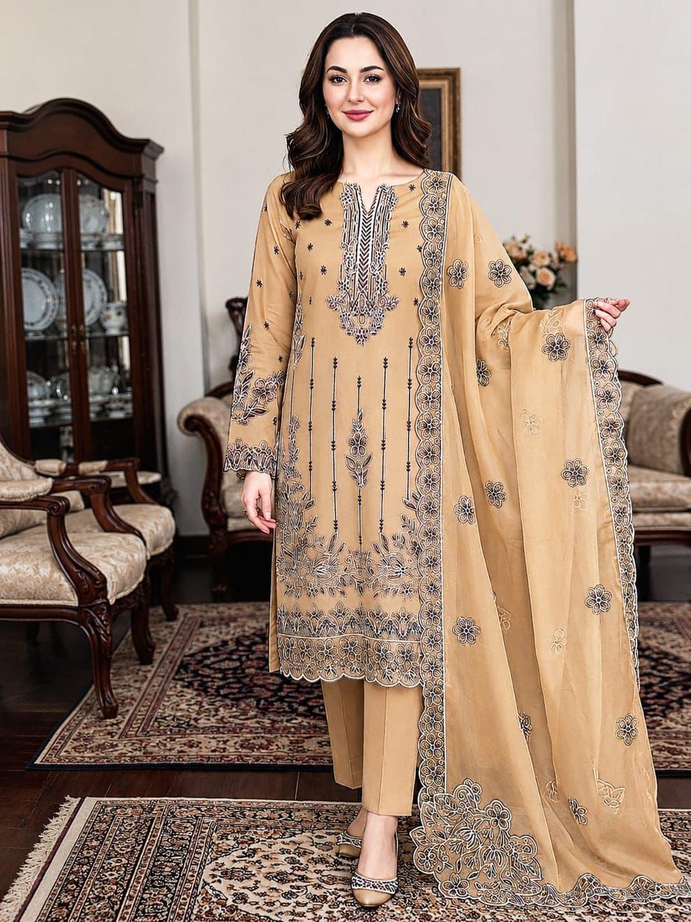 3 Pcs Chiffon Suit Golden Embroidered