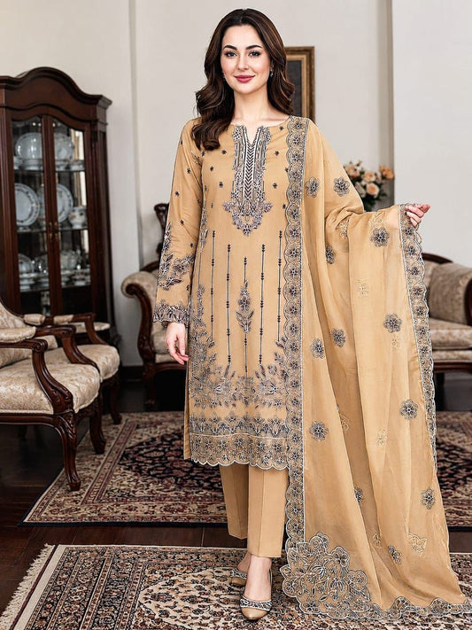 3 Pcs Chiffon Suit Golden Embroidered