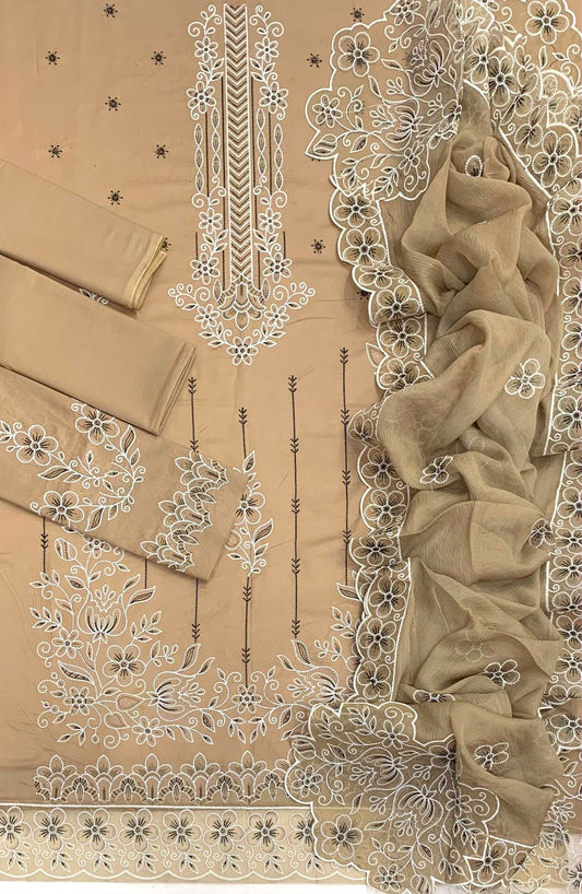 3 Pcs Chiffon Suit Golden Embroidered