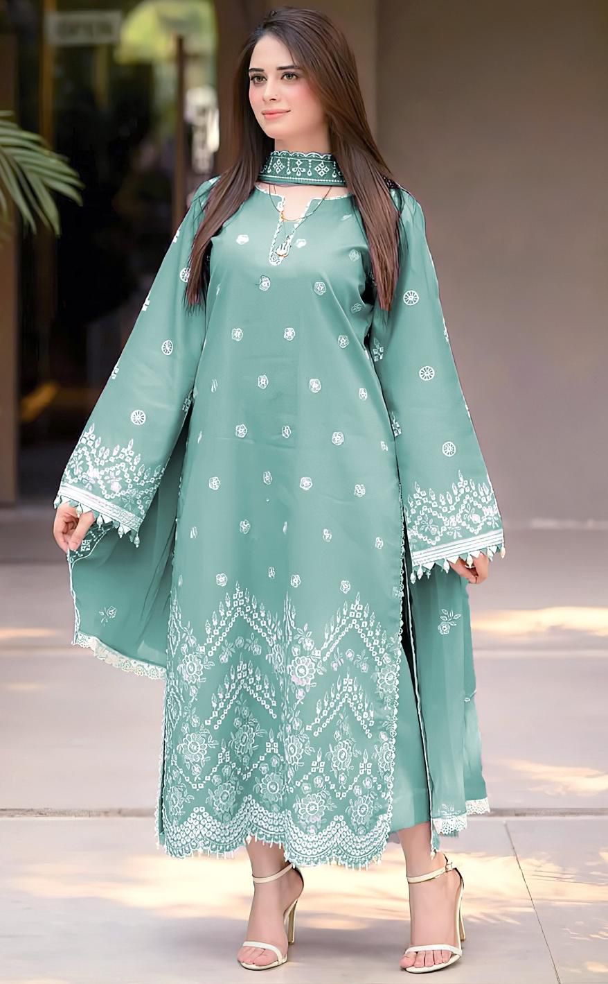 3 Pcs Chiffon Suit Mint Green Embroidered
