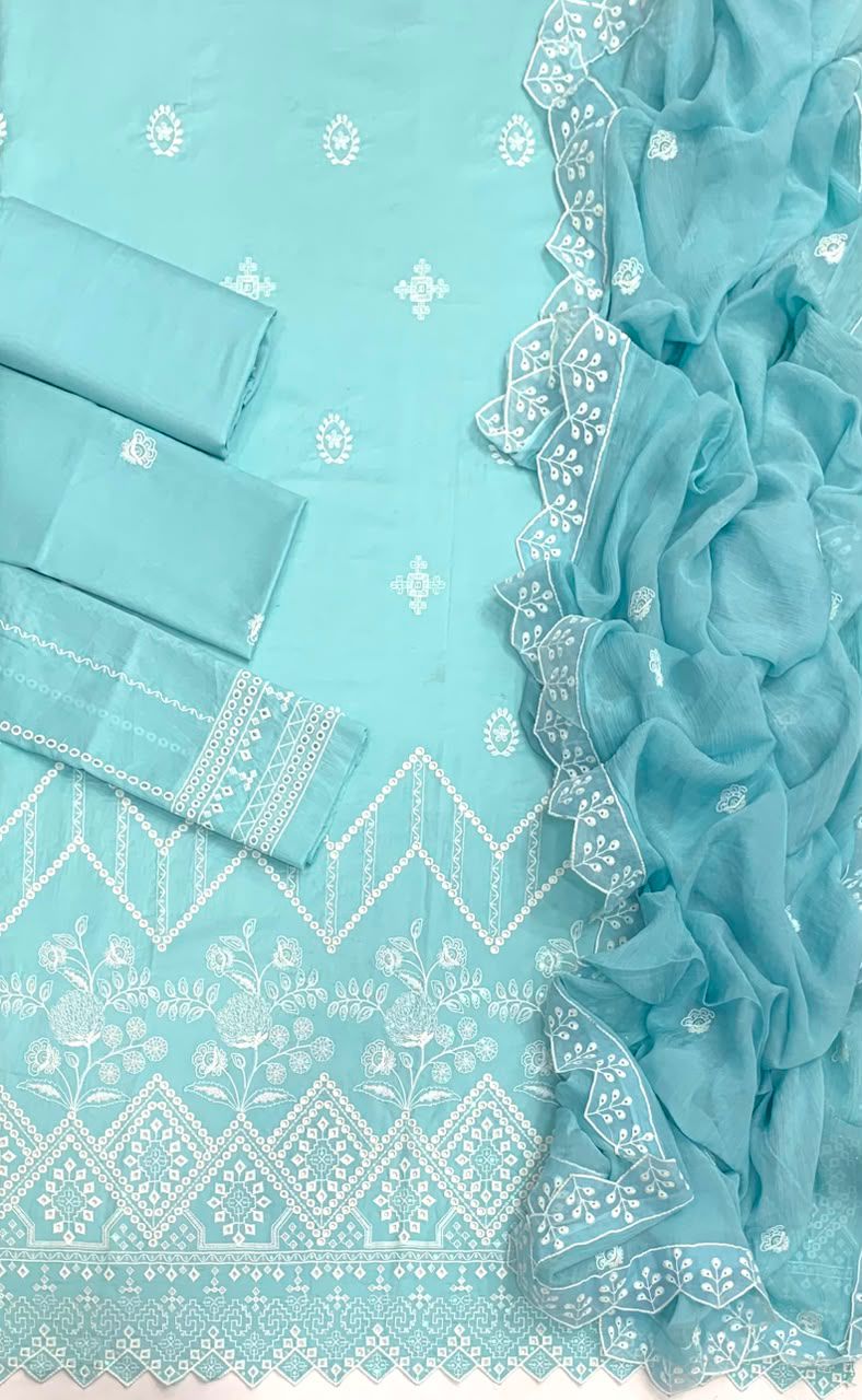 3 Pcs Chiffon Suit Mint Green Embroidered