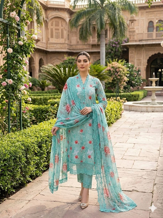 Aqua Blue Floral Printed 3 Pcs Lawn Suit