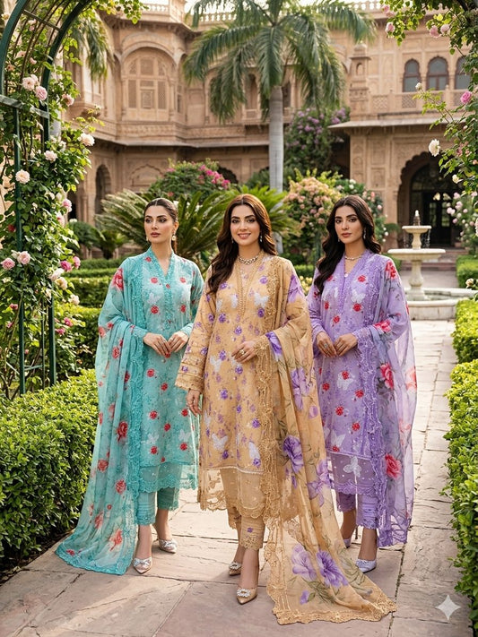 Floral Printed 3 Pcs Lawn Suit – 3 in 1 Bundle