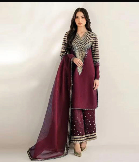 Maroon Heavy Embroidered 3 Pcs Formal Suit