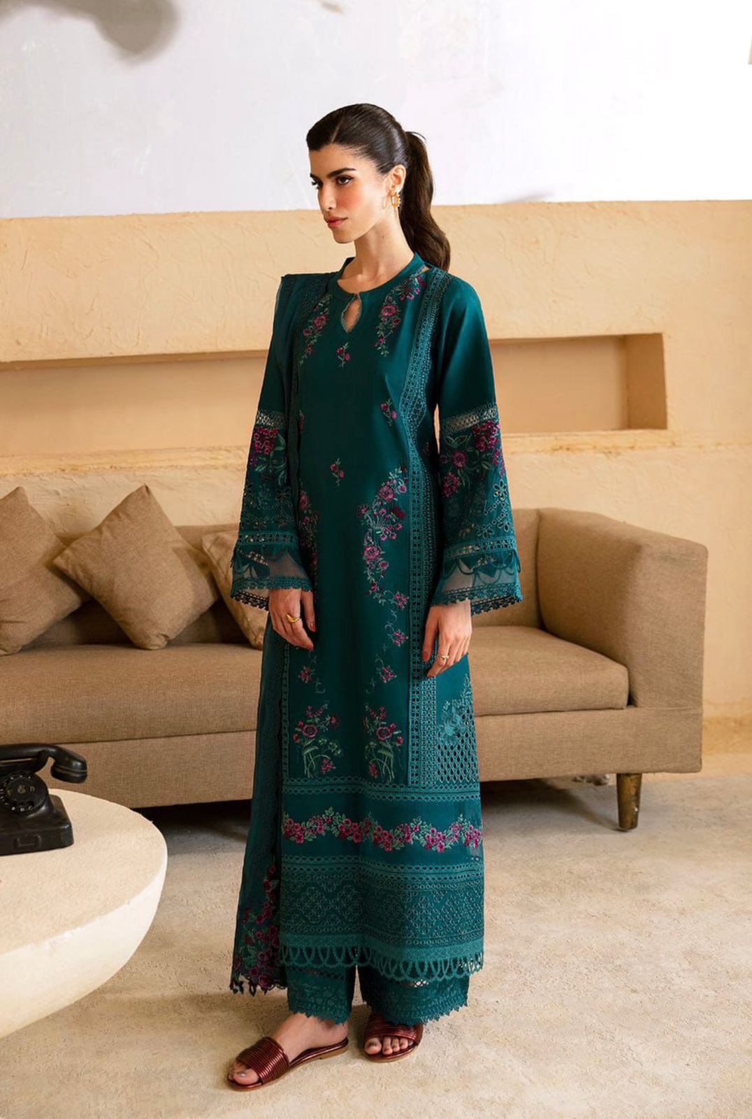 Teal Green Floral Embroidered 2 Pcs Lawn Suit