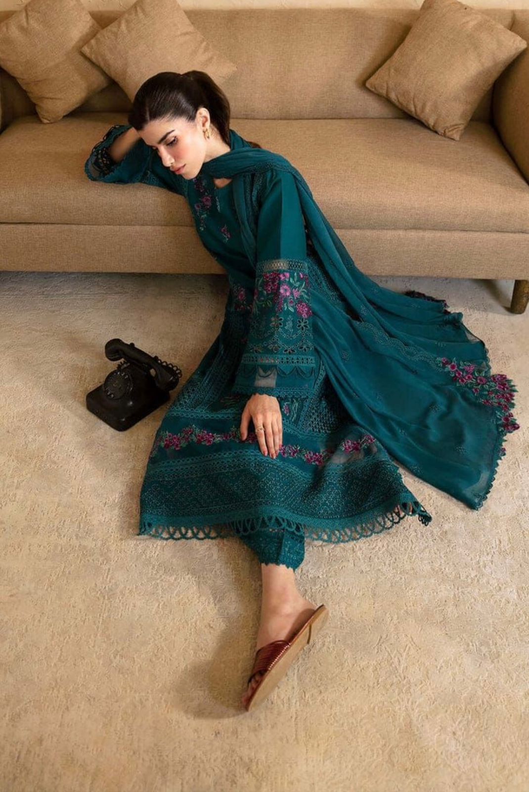 Teal Green Floral Embroidered 2 Pcs Lawn Suit