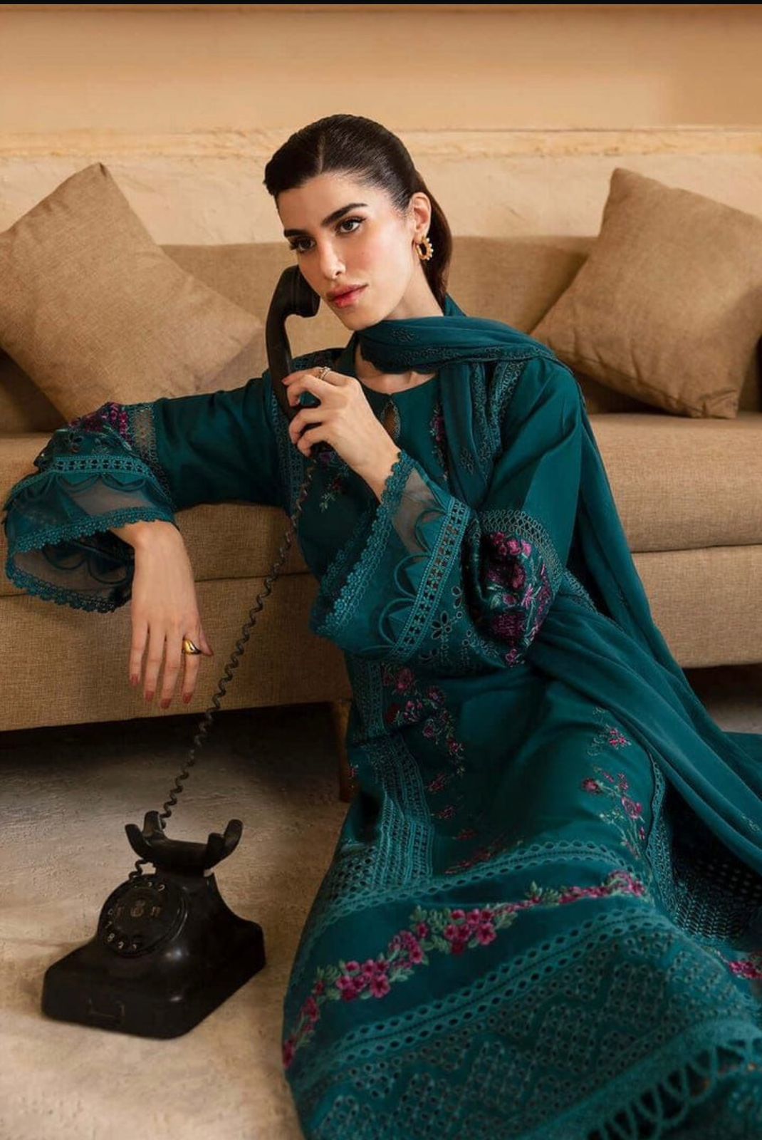 Teal Green Floral Embroidered 2 Pcs Lawn Suit