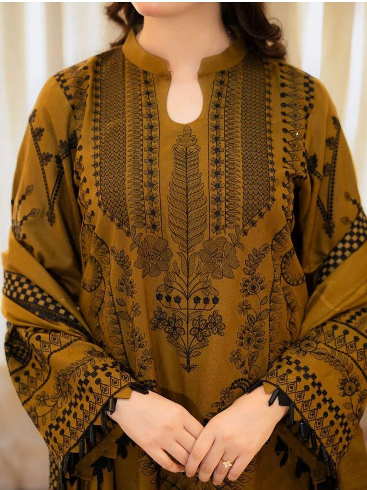 Mustard Black Embroidered 3 Pcs Lawn Suit