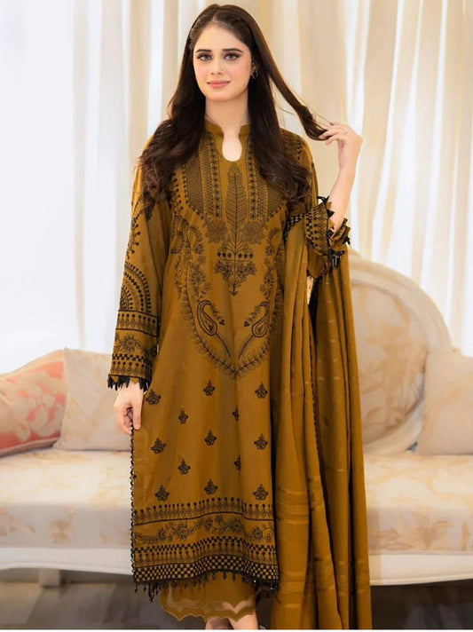 Mustard Black Embroidered 3 Pcs Lawn Suit