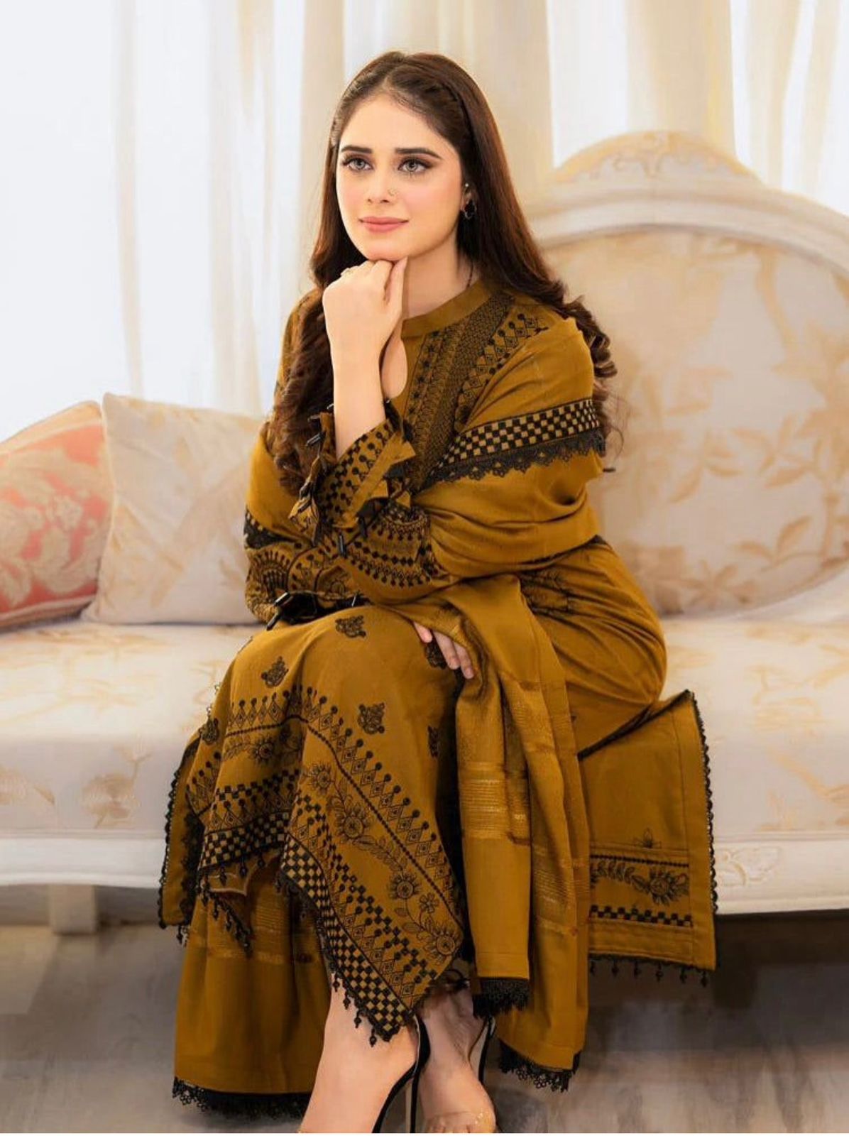 Mustard Black Embroidered 3 Pcs Lawn Suit