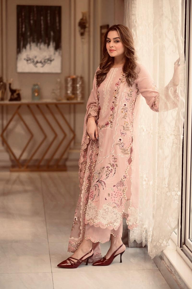 Blush Pink Embroidered 3Pc Suit with Floral Cutwork Dupatta
