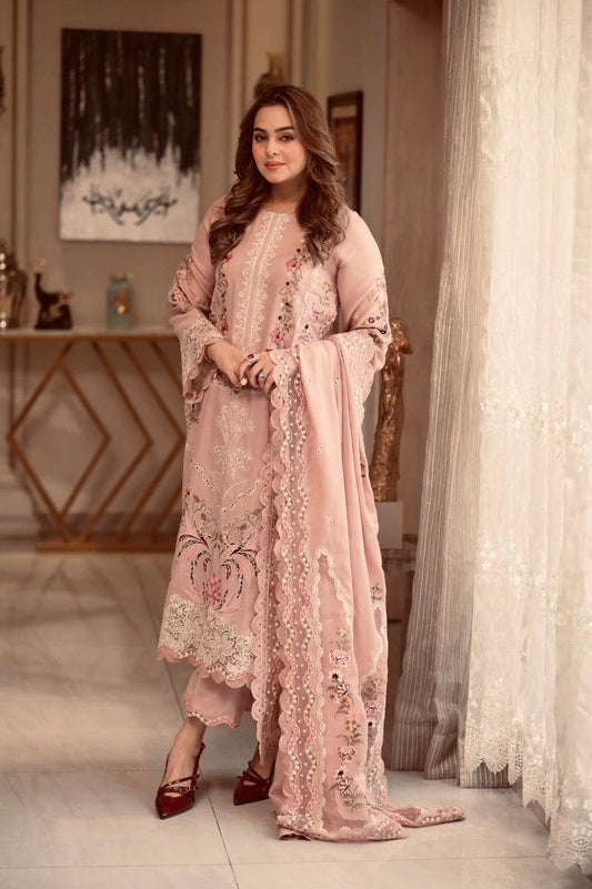 Blush Pink Embroidered 3Pc Suit with Floral Cutwork Dupatta