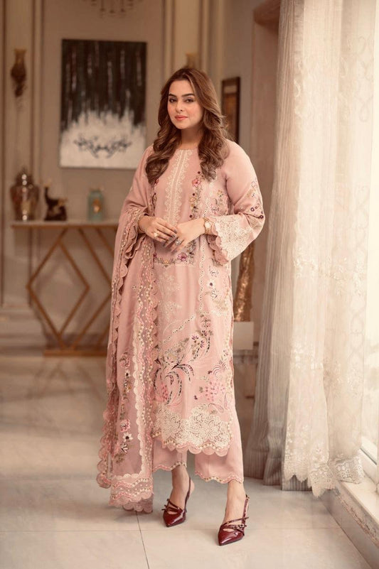 Blush Pink Embroidered 3Pc Suit with Floral Cutwork Dupatta