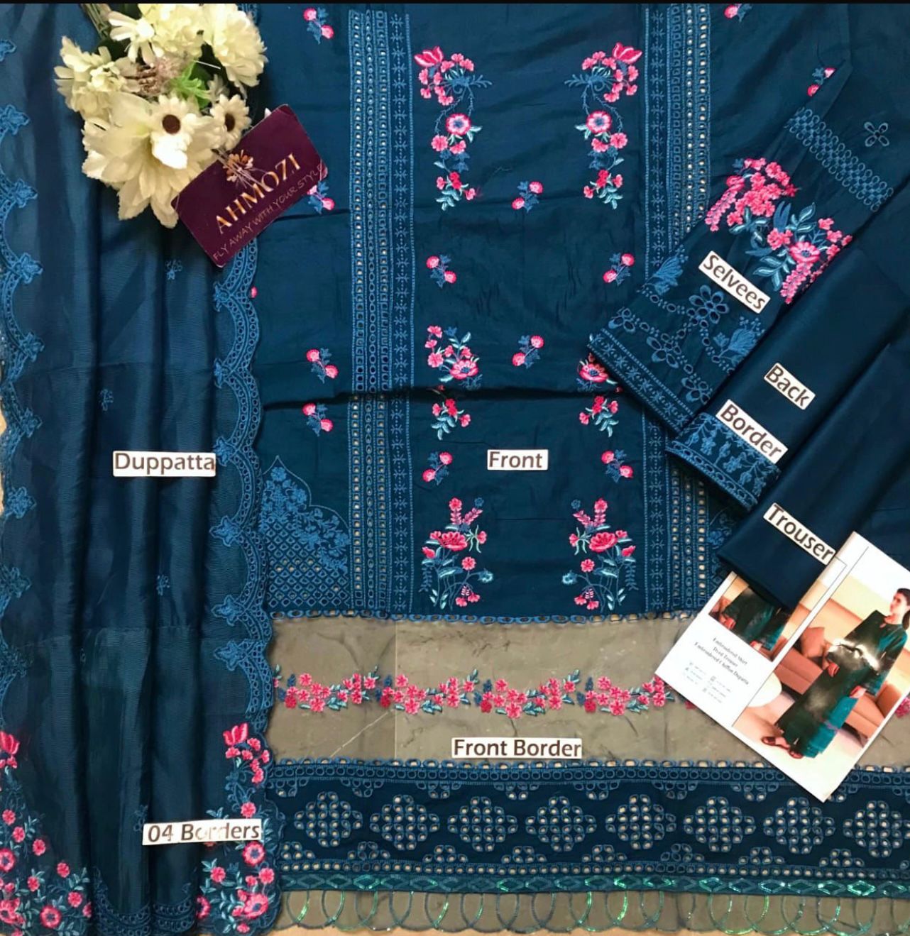 Teal Green Floral Embroidered 2 Pcs Lawn Suit